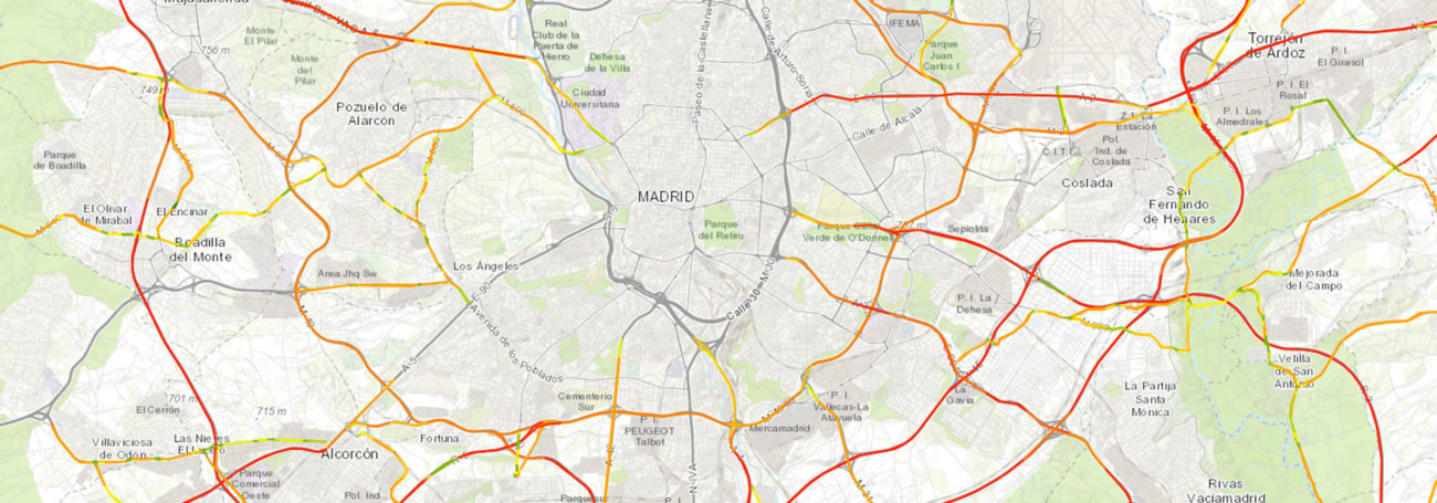 Mapa de velocidades en carreteras de acceso a Madrid